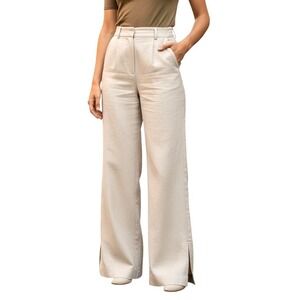 H&M Trousers Women S  Wide Leg Linen Blend Pant High Waisted Beige Casual Office